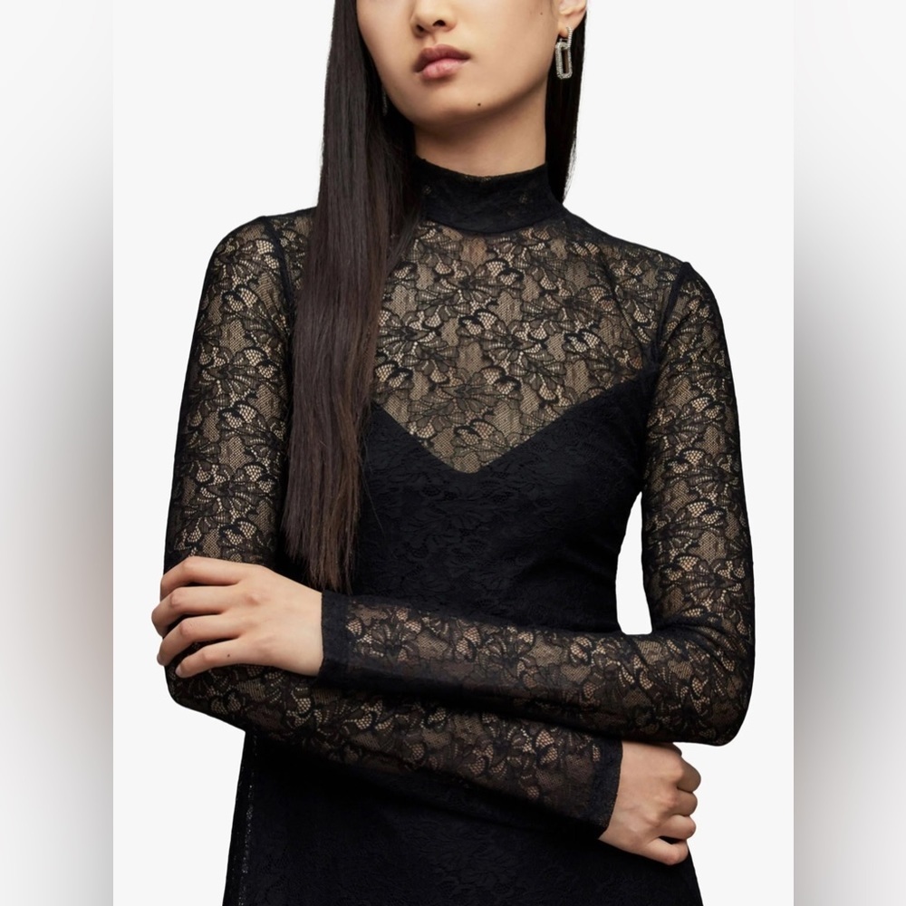 NWT All Saints Hanna Lace Black Asymmetrical Mock Neck Midi Dress Size US 8 - Picture 4 of 16